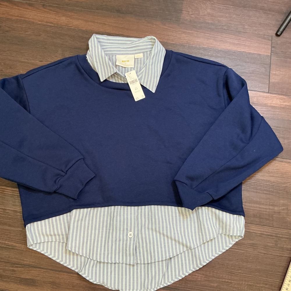 Maeve Anthropologie Layered Sweatshirt Navy Striped Collar MP Petite New